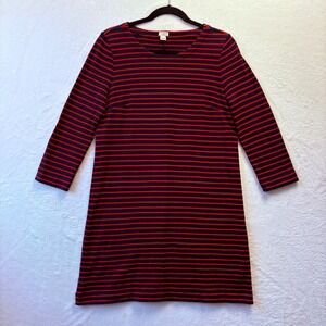 J.‎ Crew Knit Dress Red Navy Blue Striped Cotton Blend 3/4 Sleeve Casual
